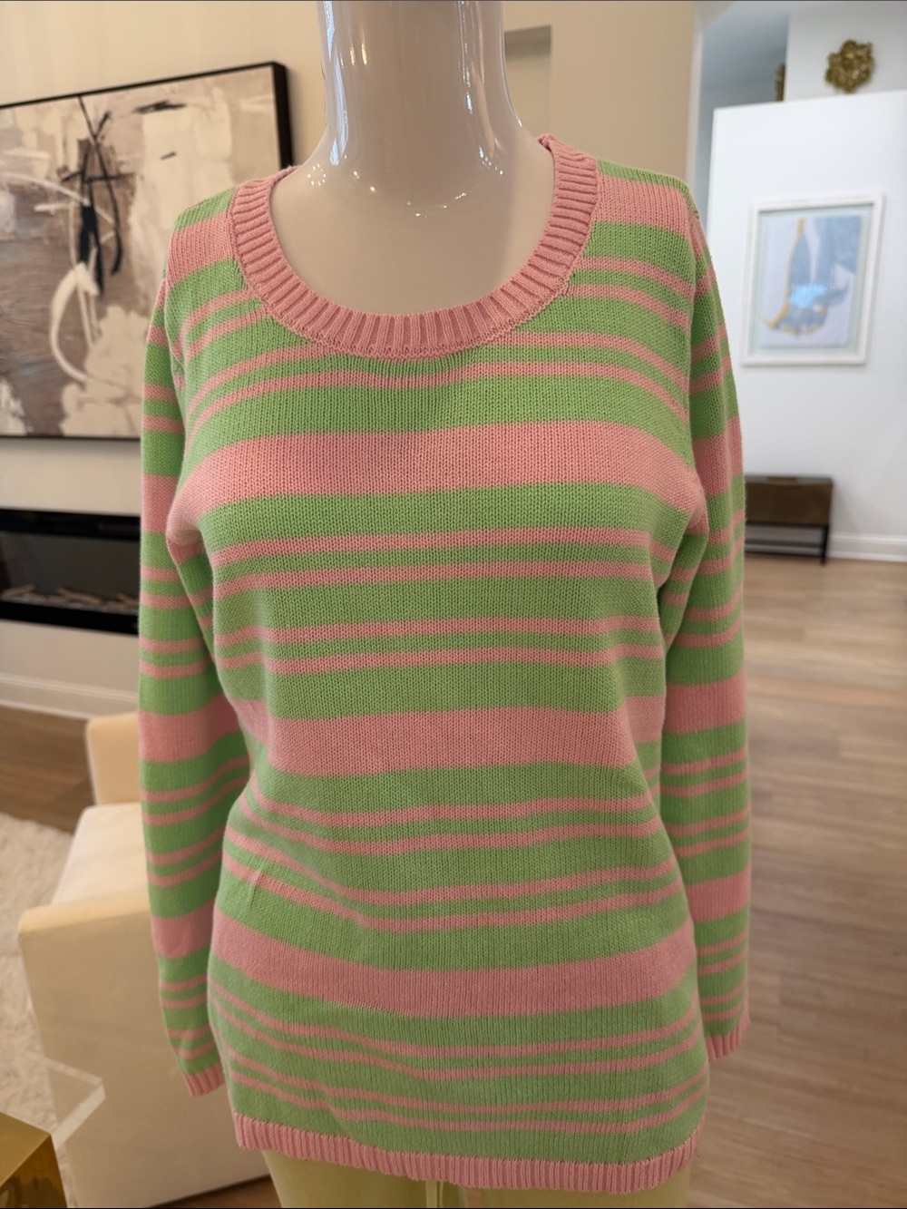 Denim&Co Pink and Green Striped Crewneck Sweater